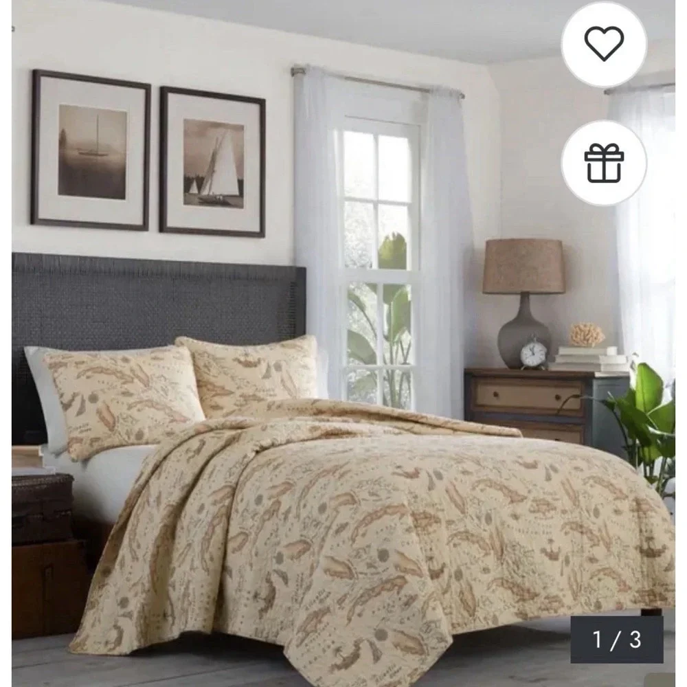 Tommy Bahama Home Caribbean Map Quilt Shams Set Tan Coastal Nautical 3pc Full